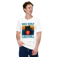 Disk Golf Shirt - Frisbee Golf Attire & Apparel - Gift Ideas for Disc Golfer & Cat Lover - Funny Disc Golf Because Murder Is Wrong Tee - White