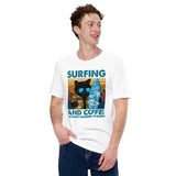 Surfing Shirt - Beach Vacation Outfit, Attire - Gift for Surfer, Outdoorsman, Cat Lover - Surfing & Coffee Because Murder Is Wrong Tee - White