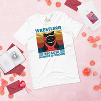 Pro Wrestling T-Shirt - Martial Arts Outfit, Wear, Clothes - Gifts for Wrestlers, Cat Lovers - Wrestling Because Murder Is Wrong Tee - White