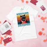 Pro Wrestling T-Shirt - Martial Arts Outfit, Wear - Gifts for Wrestlers, Cat Lovers - Wrestling And Bourbon Because Murder Is Wrong Tee - White