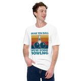 Men's & Women's Bowler T-Shirt, Outfit - Bowling Alley Themed Party Favors - Gifts for Bowlers - Grab Your Ball We're Going Bowling Tee - White