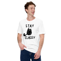 Black Cat Themed Clothes & Attire - Funny Cat Mom & Dad Tee Shirts - Presents, Gift Ideas For Cat Lovers & Owners - Stay Classy T-Shirt - White