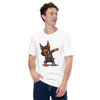Doberman Dog Themed Clothes - Gifts for Dog Moms, Dads & Lovers - Funny Canine Tee Shirts For Humans - Cute Puppy Dabbing T-Shirt - White