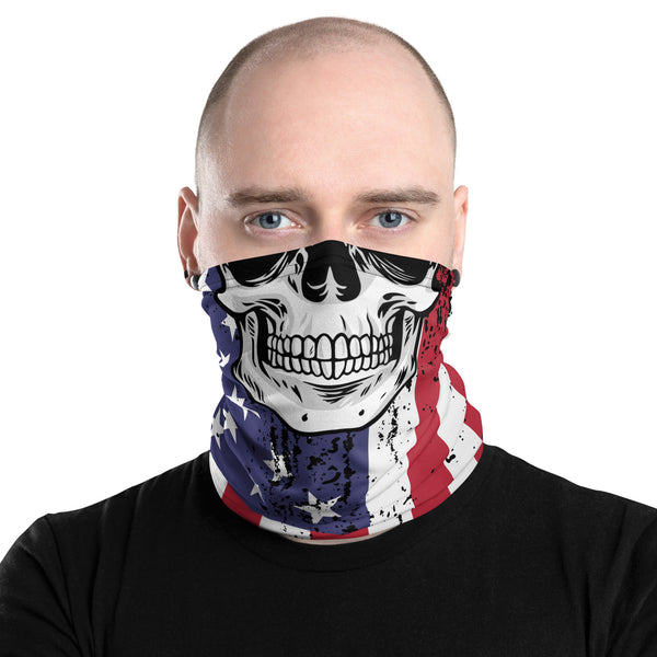 Versatile Cool Skull US Flag Neck Gaiter | Seamless Tubular Snood, Scarf, Headband, Wristband, Bandana | Patriotic Outdoor Headwear used as a face covering, seamless tubular snood perfect for outdoor activities such as fishing, hunting, camping, trekking, rock climbing... or for outdoor sports such as dirtbike, mtb, competitive team shooting sports such as paintballs, airsoft... and more.