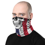 Versatile Cool Skull US Flag Neck Gaiter | Seamless Tubular Snood, Scarf, Headband, Wristband, Bandana | Patriotic Outdoor Headwear used as a face covering, seamless tubular snood, scarf perfect for outdoor activities such as fishing, hunting, camping, trekking, rock climbing... or for outdoor sports such as dirtbike, mtb, competitive team shooting sports such as paintballs, airsoft... and more.