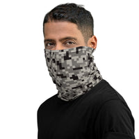 Versatile Grey Pixelated Camouflage Neck Gaiter | Seamless Tubular Snood and Scarf, Headband | Outdoor Gear for Military Enthusiasts used as a style face covering, face shield, seamless tubular snood, scarf perfect for outdoor activities such as fishing, hunting, camping, trekking, rock climbing... or for outdoor sports such as competitive team shooting sports, such as paintballs, airsoft, mtb,  dirtbike... and more.