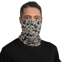 Versatile Grey Pixelated Camouflage Neck Gaiter | Seamless Tubular Snood and Scarf, Headband | Outdoor Gear for Military Enthusiasts used as a face covering, seamless tubular snood, scarf perfect for outdoor activities such as fishing, hunting, camping, trekking, rock climbing... or for outdoor sports such as competitive team shooting sports, such as paintballs, airsoft, mtb,  dirtbike... and more.