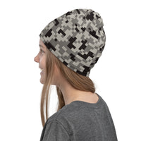 Versatile Grey Pixelated Camouflage Neck Gaiter | Seamless Tubular Snood and Scarf, Headband | Outdoor Gear for Military Enthusiasts used as a style head over scarf perfect for outdoor activities such as fishing, hunting, camping, trekking, rock climbing... or for outdoor sports such as competitive team shooting sports, such as paintballs, airsoft, mtb,  dirtbike... and more.