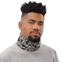 Versatile Grey Pixelated Camouflage Neck Gaiter | Seamless Tubular Snood and Scarf, Headband | Outdoor Gear for Military Enthusiasts used as a style neck warmer perfect for outdoor activities such as fishing, hunting, camping, trekking, rock climbing... or for outdoor sports such as competitive team shooting sports, such as paintballs, airsoft, mtb,  dirtbike... and more.