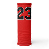 Versatile Number 23 Red Neck Gaiter | Seamless Tubular Snood, Scarf, Headband | Headwear for Basketball Lovers and Outdoor Enthusiasts as a style seamless tubular snood, scarf perfect for outdoor activities such as fishing, hunting, camping, trekking, rock climbing... or for outdoor sports such as basketball, skateboarding, mtb, dirtbike... and more.
