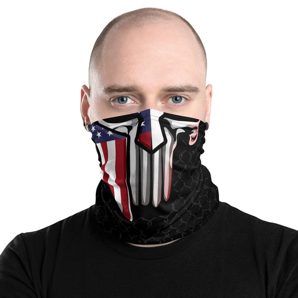 Versatile Spartan Punisher Skull US Flag Neck Gaiter | Seamless Tubular Snood, Scarf, Headband, Wristband | Patriotic Outdoor Headwear used as a style face covering, seamless tubular snood perfect for outdoor activities such as fishing, hunting, camping, trekking, rock climbing... or for outdoor sports such as dirtbike, mtb, competitive team shooting sports such as paintballs, airsoft... and more.