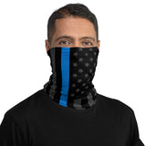 Versatile Thin Blue Line USA Flag Neck Gaiter | Seamless Tubular Snood, Scarf | Patriotic Outdoor Accessory for Police Appreciation used as a style face covering, seamless tubular snood perfect for outdoor activities such as fishing, hunting, camping, trekking, rock climbing... or for outdoor sports such as dirtbike, mtb...