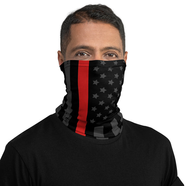 Versatile Thin Red Line USA Flag Neck Gaiter | Seamless Tubular Snood, Headband, Bandana | Patriotic Outdoor Accessory for Firefighters used as a style face covering, seamless tubular snood perfect for outdoor activities such as fishing, hunting, camping, trekking, rock climbing... or for outdoor sports such as mtb, dirtbike,... or for embracing, showinng love for our brave firemen, firefighters and public safety officers.