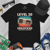 Video Game T-Shirt - Christmas & 20th Birthday Gaming Gift Ideas For His & Her, A Typical Gamer & Game Lover - Level 20 Unlocked Shirt - Black