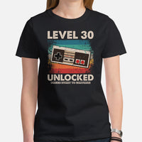 Video Game T-Shirt - Christmas & 30th Birthday Gaming Gift Ideas For His & Her, A Typical Gamer & Game Lover - Level 30 Unlocked Shirt - Black, Women