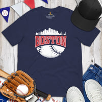 Vintage Boston Skyline Baseball Fanatic Shirt: Gift Ideas for Him & Her, Baseball Lovers & Enthusiasts - Retro Style Game Day Tee - Navy
