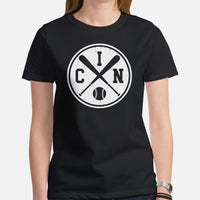 Vintage Cincinnati Baseball Emblem Fanatic T-Shirt: Gift Ideas for Him & Her, Baseball Lovers & Enthusiasts - Retro Style Game Day Tee - Black, Women