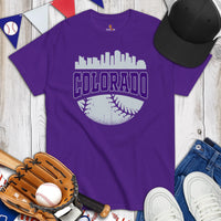 Vintage Colorado Skyline Baseball Fanatic Shirt: Gift Ideas for Him & Her, Baseball Lovers & Enthusiasts - Retro Style Game Day Tee - Purple