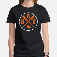 Vintage Houston Baseball Emblem Fanatic T-Shirt: Gift Ideas for Him & Her, Baseball Enthusiasts & Lovers - Retro Style Game Day Tee - Black, Women