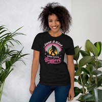 Vintage Just A Girl Who Loves Bigfoot Cottagecore Shirt - Cryptid Yeti, Sasquatch Tee for Camping & Wilderness Adventure Enthusiasts - Black