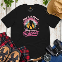 Camping & Hiking Shirt - Presents, Gift Ideas for Happy Campers & Hikers - Bigfoot Sasquatch Tee Shirt - A Girl Who Loves Bigfoot T-Shirt - Black
