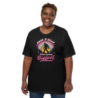 Camping & Hiking Shirt - Presents, Gift Ideas for Happy Campers & Hikers - Bigfoot Sasquatch Tee Shirt - A Girl Who Loves Bigfoot T-Shirt - Black, Large Size for Overweight