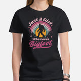 Vintage Just A Girl Who Loves Bigfoot Cottagecore Shirt - Cryptid Yeti, Sasquatch Tee for Camping & Wilderness Adventure Enthusiasts