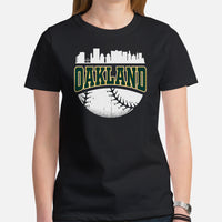 Vintage Oakland Skyline Baseball Fanatic Shirt: Gift Ideas for Him & Her, Baseball Lovers & Enthusiasts - Retro Style Game Day Tee - Black, Women