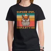 Vintage Owl Aesthetic T-Shirt- Superb Owl Tee - Owl Football Party Shirt - Cottagecore Granola Tee for Outdoorsy Birder, Birdwatcher - Black, Women