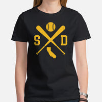 Vintage San Diego Baseball Emblem Fanatic T-Shirt: Ideal Gifts for Him & Her, Baseball Lovers & Enthusiasts - Retro Game Day Shirt - Black, Women