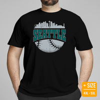 Vintage Seattle Skyline Baseball Fanatic Shirt: Gift Ideas for Him & Her, Baseball Lovers & Enthusiasts - Retro Style Game Day Shirt - Black, Plus Size