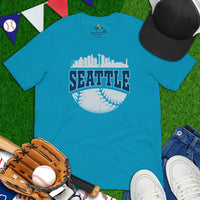 Vintage Seattle Skyline Baseball Fanatic Shirt: Gift Ideas for Him & Her, Baseball Lovers & Enthusiasts - Retro Style Game Day Tee - Aqua