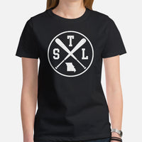Vintage St. Louis Baseball Emblem Fanatic T-Shirt: Gift Ideas for Him & Her, Baseball Enthusiasts & Lovers - Retro Style Game Day Tee - Black, Women