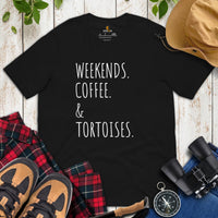 Weekends, Coffee & Tortoises T-Shirt - Loggerhead, Sea & Nautical Turtle Tee - Gift for Turtle & Coffee Lovers - Zoo & Safari Shirt - Black