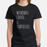 Weekends, Coffee & Tortoises T-Shirt - Loggerhead, Sea & Nautical Turtle Tee - Gift for Turtle & Coffee Lovers - Zoo & Safari Shirt - Black, Women