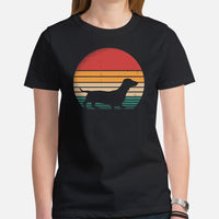 Weiner Dog Themed Clothes, Attire - Gifts for Dachshund Dog Moms, Dads & Lovers - Canine Tee Shirts For Humans - Vintage Sunset T-Shirt - Black, Women