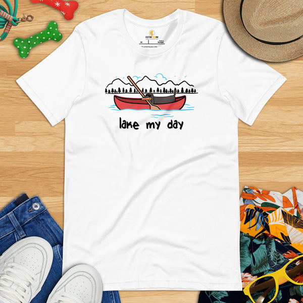 Weiner Dog Themed Clothes, Attire - Gifts for Kayakers, Campers & Dog Lovers - Funny Canine Tee Shirts For Humans - Lake My Day T-Shirt - White