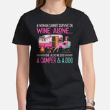 Weiner Dog Themed Clothes - Gifts for Campers, Wine & Dog Lovers - Canine Tee Shirts For Humans - A Woman Needs A Camper & A Dog Shirt - Black, Women