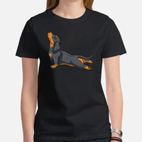 Weiner Dog Themed Clothes - Gifts for Dachshund Dog Moms, Dads & Lovers - Canine Tee Shirts For Humans - Cute Exhale Yoga Pose T-Shirt - Black, Women