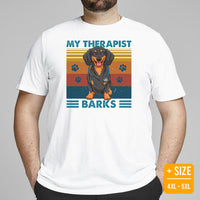 Weiner Dog Themed Clothes - Gifts for Dachshund Dog Moms, Dads & Lovers - Funny Canine Tee Shirts For Humans - My Therapist Barks Shirt - White, Plus Size