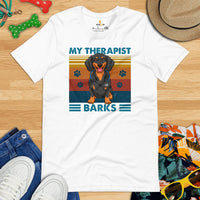 Weiner Dog Themed Clothes - Gifts for Dachshund Dog Moms, Dads & Lovers - Funny Canine Tee Shirts For Humans - My Therapist Barks Shirt - White