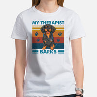 Weiner Dog Themed Clothes - Gifts for Dachshund Dog Moms, Dads & Lovers - Funny Canine Tee Shirts For Humans - My Therapist Barks Shirt - White, Women