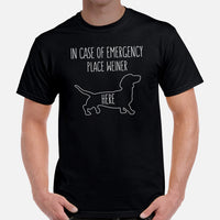 Weiner Dog Themed Clothes - Gifts for Dachshund Dog Moms, Dads & Lovers - Funny Canine Tee Shirts For Humans - Place Weiner Here Shirt - Black, Men
