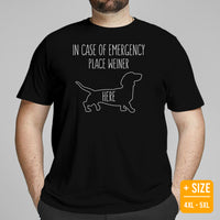 Weiner Dog Themed Clothes - Gifts for Dachshund Dog Moms, Dads & Lovers - Funny Canine Tee Shirts For Humans - Place Weiner Here Shirt - Black, Plus Size