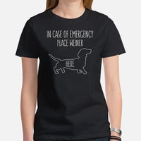 Weiner Dog Themed Clothes - Gifts for Dachshund Dog Moms, Dads & Lovers - Funny Canine Tee Shirts For Humans - Place Weiner Here Shirt - Black, Women