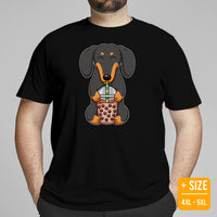 Weiner Dog Themed Clothes - Gifts for Dog Lovers - Funny Canine Tee Shirts For Humans - Cute Puppy Enjoying A Bubble Tea Cup T-Shirt - Black, Plus Size