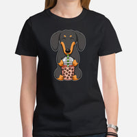 Weiner Dog Themed Clothes - Gifts for Dog Lovers - Funny Canine Tee Shirts For Humans - Cute Puppy Enjoying A Bubble Tea Cup T-Shirt - Black, Women