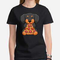 Weiner Dog Themed Clothes - Gifts for Dog Lovers - Funny Canine Tee Shirts For Humans - Cute Puppy Enjoying A Pizza Slice T-Shirt - Black, Women