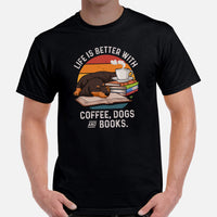 Weiner Dog Themed Clothes - Gifts for Dog Lovers - Funny Canine Tee Shirts For Humans - Life Is Better With Dogs, Books & Coffee Shirt - Black, Men