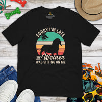 Weiner Dog Themed Clothes - Gifts for Dog Moms, Dads & Lovers - Funny Canine Tee Shirts For Humans - My Weiner Was Sitting On Me Shirt - Black